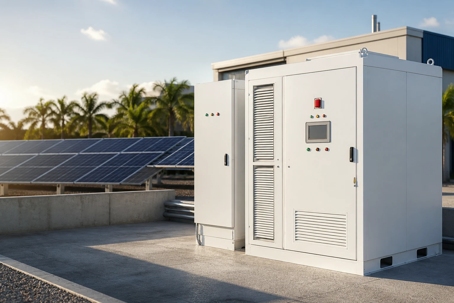 Commercial battery energy storage cabinets installed beside a solar array
