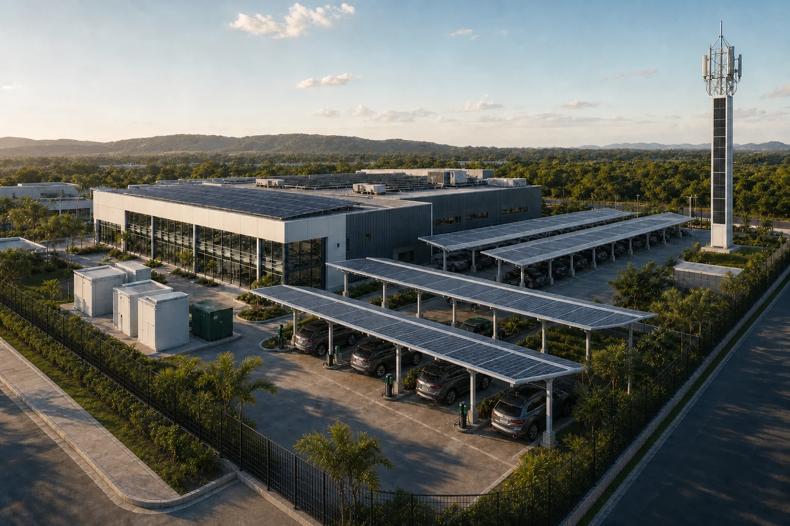 Photorealistic integrated business campus with rooftop solar, SPCP charging canopies, battery storage and SPT telecom infrastructure