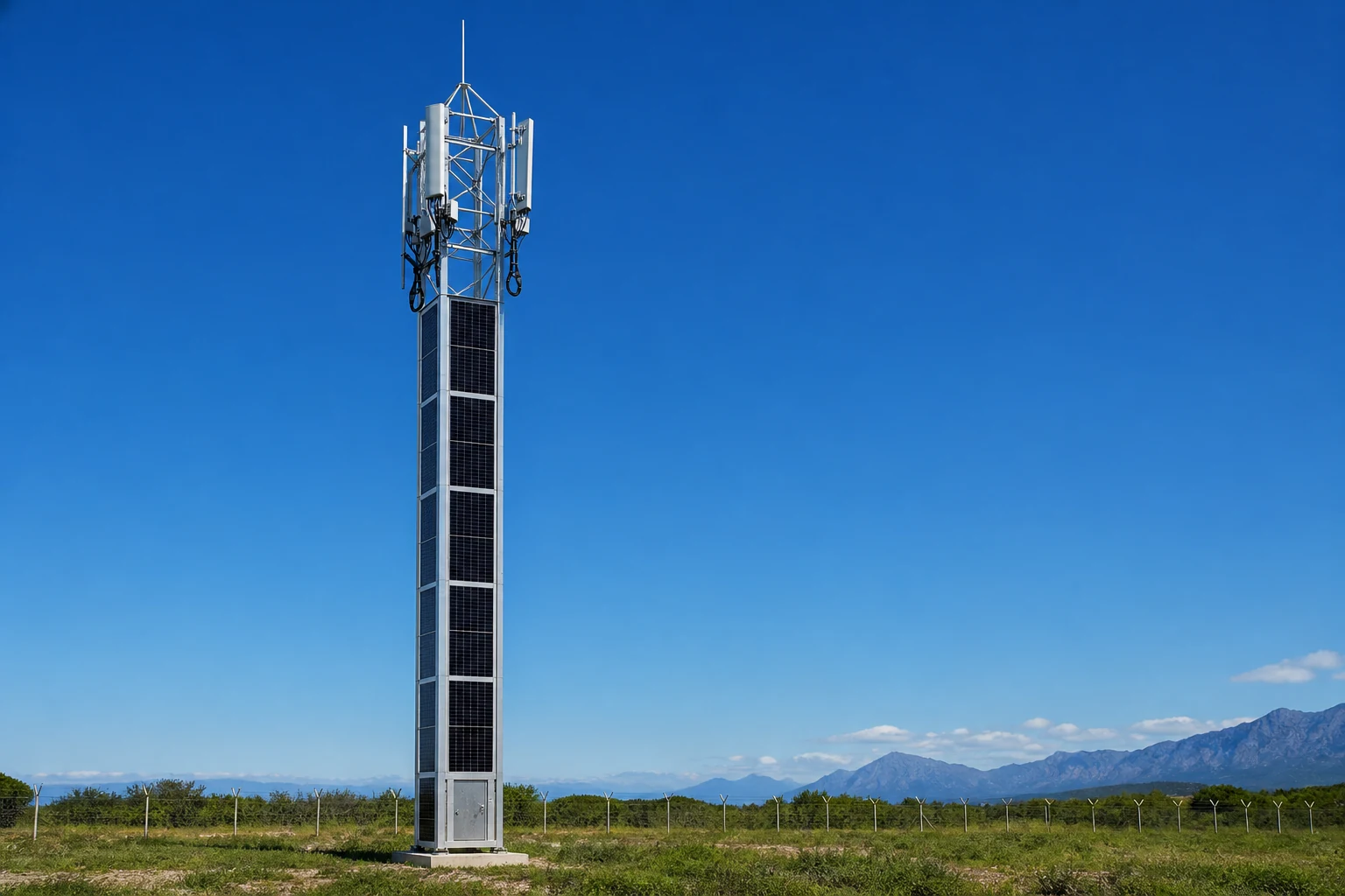 Solar-powered SPT telecommunications tower with integrated vertical photovoltaic panels and cellular antennas