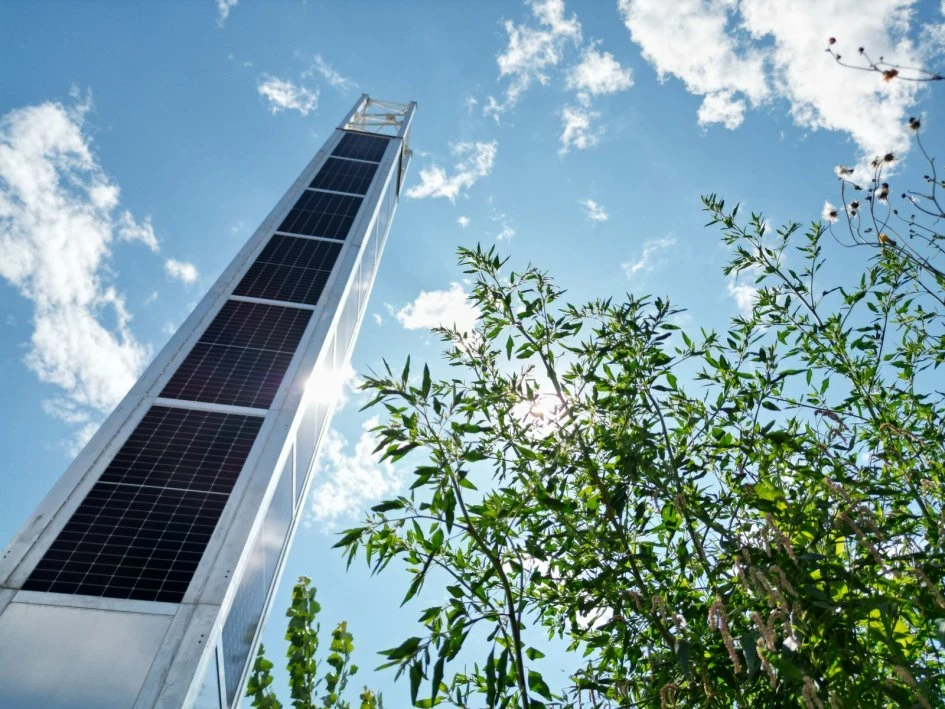 SPT vertical solar tower viewed against the sky